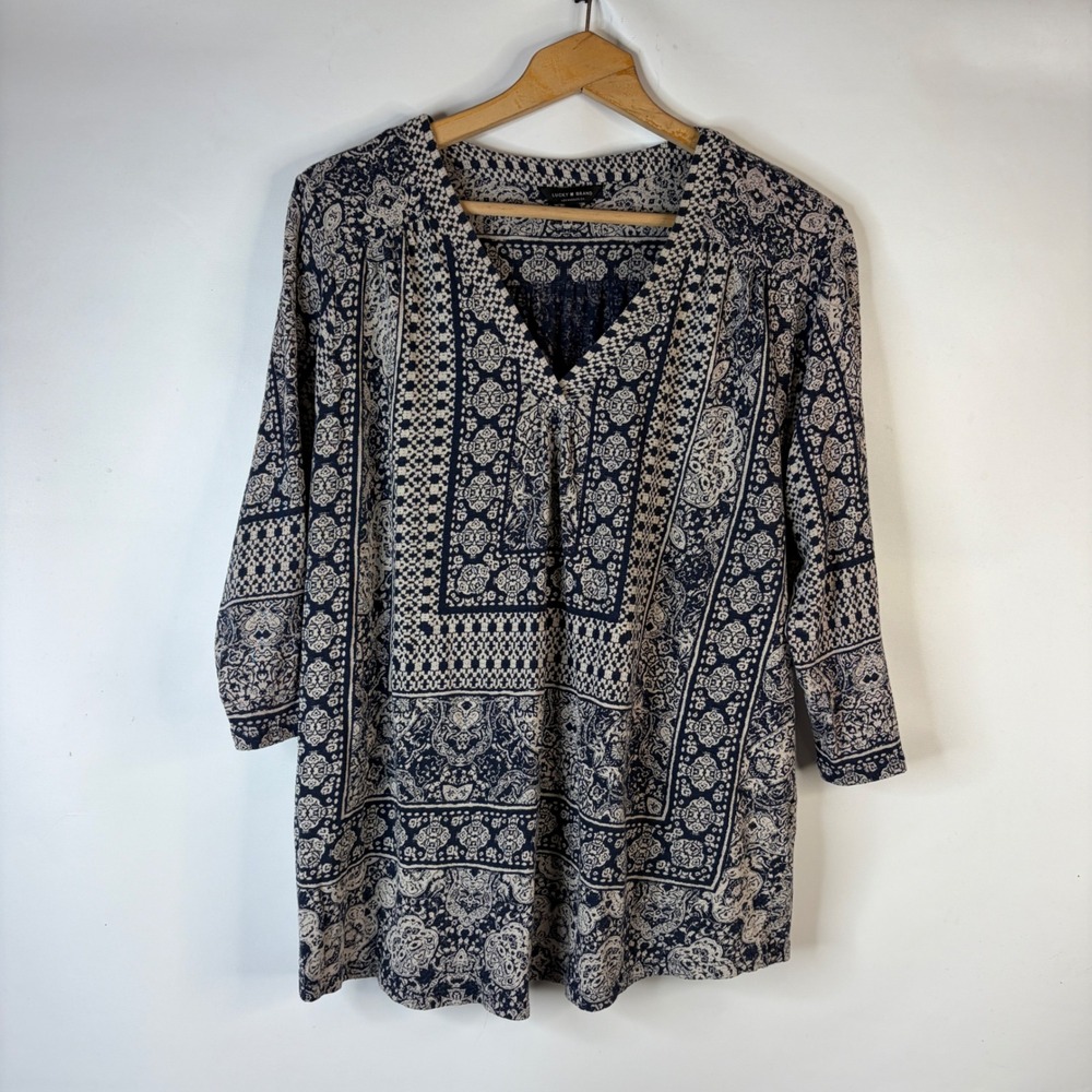 Lucky Brand Tunic Top Women 2X Blue Paisley Tile Print V-Neck 3/4 Sleeve